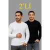 MARSiLYAN- Erkek Fitilli Triko Kazak 2’li Set – Siyah - Beyaz, Kalın Dokuma Pamuklu Regular Fit Bisiklet Yaka Uzun Kollu Rahat Kışlık Kazak Kombini