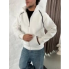 MARSiLYAN- Erkek Oversize Dik Yaka Fermuarlı Sweatshirt - Zincir Nakışli Kanguru Cepli - Beyaz