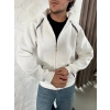 MARSiLYAN- Erkek Oversize Dik Yaka Fermuarlı Sweatshirt - Zincir Nakışli Kanguru Cepli - Beyaz
