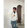MARSiLYAN- Erkek Oversize Dik Yaka Fermuarlı Sweatshirt - Zincir Nakışli Kanguru Cepli - Beyaz