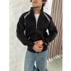 MARSiLYAN- Erkek Oversize Dik Yaka Fermuarlı Sweatshirt - Zincir Nakışli Kanguru Cepli - Siyah