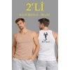 MARSiLYAN- Erkek Spor Fitilli Atlet 2li Set Kahverengi Ve Beyaz Slim Fit Kaşkorse Arka Baskılı Spor Atlet