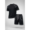 MARSiLYAN- Erkek Spor Tişört Şort Takım Kontrast Dikiş Detaylı Ovarsize Rahat Kalıp - Siyah