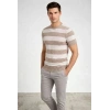 MARSiLYAN- Erkek T-shirt Çizgili Triko Dokuma Bisiklet Yaka Tişört - Bej