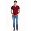 MARSiLYAN- Erkek T-Shirt V Yaka Slim Fit Dar Kesim Likralı Tişört Günlük Basic Body - Bordo