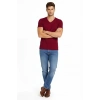 MARSiLYAN- Erkek T-Shirt V Yaka Slim Fit Dar Kesim Likralı Tişört Günlük Basic Body - Bordo