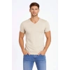 MARSiLYAN- Erkek T-Shirt V Yaka Slim Fit Dar Kesim Likralı Tişört Günlük Basic Body - Taş