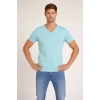 MARSiLYAN- Erkek T-Shirt V Yaka Slim Fit Dar Kesim Likralı Tişört Günlük Basic Body - Turkuvaz