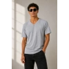 MARSiLYAN- Erkek V Yaka Basic Tişört Kısa Kol Yazlık Regular Fit T-Shirt - Gri