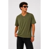 MARSiLYAN- Erkek V Yaka Basic Tişört Kısa Kol Yazlık Regular Fit T-Shirt - Haki