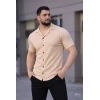 MARSiLYAN- Erkek Waffle Kumaş Kısa Kollu Düğmeli Açık Yaka Regular Fit Gömlek - Bej