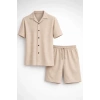 MARSiLYAN- Erkek Waffle Kumaş Kısa Kollu Gömlek Şort Takım Regular Fit Yazlık İkili Set - Bej