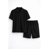 MARSiLYAN- Erkek Waffle Kumaş Kısa Kollu Gömlek Şort Takım Regular Fit Yazlık İkili Set - Siyah