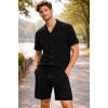 MARSiLYAN- Erkek Waffle Kumaş Kısa Kollu Gömlek Şort Takım Regular Fit Yazlık İkili Set - Siyah