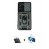 MARSİLYAN™- Galaxy S21 FE Kılıf Ahenk Klasik - Siyah 3D Antistatik Cam Ekran Koruyucu + Kamera Lens Koruma Cam - SF