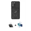MARSİLYAN™- Galaxy S21 FE Kılıf Ahenk Klasik - Siyah 3D Antistatik Cam Ekran Koruyucu + Kamera Lens Koruma Cam - SF