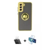 MARSİLYAN™- Galaxy S21 FE Kılıf Yörünge Çizgi - Siyah 3D Antistatik Cam Ekran Koruyucu + Kamera Lens Koruma Cam - SF