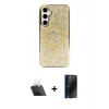 MARSİLYAN™- Galaxy S23 Kılıf Eksen Çizgi - Siyah 3D Antistatik Hayalet Cam Ekran Koruyucu + Kamera Lens Koruma Cam - SF