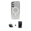 MARSİLYAN™- Galaxy S23 Kılıf Eksen Çizgi - Siyah 3D Antistatik Hayalet Cam Ekran Koruyucu + Kamera Lens Koruma Cam - SF