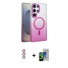 MARSİLYAN™- Galaxy S23 Ultra Kılıf Ahenk Doku Özel Seri - Siyah Durable Full Glue Curved Cam + Kırmızı Metal Kamera Lens