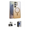 MARSİLYAN™- Galaxy S23 Ultra Kılıf Ahenk Doku Özel Seri - Siyah Durable Full Glue Curved Hayalet Cam + PVD Metal Kamera Lens - GD