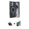 MARSİLYAN™- Galaxy S23 Ultra Kılıf Eksen Çizgi - Siyah Durable Full Glue Curved Cam + Kamera Lens Koruma Cam - SF