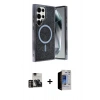 MARSİLYAN™- Galaxy S23 Ultra Kılıf Eksen Çizgi - Siyah Durable Full Glue Curved Hayalet Cam + PVD Metal Kamera Lens - GD