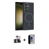 MARSİLYAN™- Galaxy S23 Ultra Kılıf Siluet Doku Özel Seri - Siyah Durable Full Glue Curved Hayalet Cam + PVD Metal Kamera Lens - GD