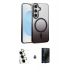MARSİLYAN™- Galaxy S24 FE Kılıf Ahenk Doku Özel Seri - Siyah 3D Antistatik Hayalet Cam Ekran Koruyucu + Raze Metal Kamera Lens - SI