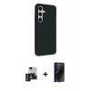 MARSİLYAN™- Galaxy S24 Kılıf Akış Asil Koleksiyonu - Siyah 3D Antistatik Hayalet Cam Ekran Koruyucu + PVD Metal Kamera Lens - DNMR