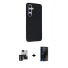 MARSİLYAN™- Galaxy S24 Kılıf Akış Asil Koleksiyonu - Siyah 3D Antistatik Hayalet Cam Ekran Koruyucu + PVD Metal Kamera Lens - SH