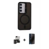 MARSİLYAN™- Galaxy S24 Kılıf Akış Form - Siyah 3D Antistatik Hayalet Cam Ekran Koruyucu + PVD Metal Kamera Lens - DNMR