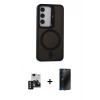MARSİLYAN™- Galaxy S24 Kılıf Akış Form - Siyah 3D Antistatik Hayalet Cam Ekran Koruyucu + PVD Metal Kamera Lens - GD