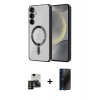 MARSİLYAN™- Galaxy S24 Kılıf Nova Işık Özel Seri - Siyah 3D Antistatik Hayalet Cam Ekran Koruyucu + PVD Metal Kamera Lens - SH