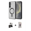 MARSİLYAN™- Galaxy S24 Kılıf Nova Işık Özel Seri - Siyah Bilvis 3D Cam Ekran Koruyucu + Derin Mor PVD Metal Kamera Lens