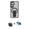 MARSİLYAN™- Galaxy S24 Kılıf Pusula Doku Koleksiyonu - Siyah 3D Antistatik Cam Ekran Koruyucu + Kamera Lens Koruma Cam - SF
