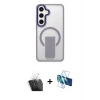 MARSİLYAN™- Galaxy S24 Kılıf Pusula Doku Koleksiyonu - Siyah 3D Antistatik Cam Ekran Koruyucu + Kamera Lens Koruma Cam - SF
