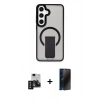 MARSİLYAN™- Galaxy S24 Kılıf Pusula Doku Koleksiyonu - Siyah 3D Antistatik Hayalet Cam Ekran Koruyucu + PVD Metal Kamera Lens - SH