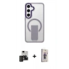 MARSİLYAN™- Galaxy S24 Kılıf Pusula Doku Koleksiyonu - Siyah Bilvis 3D Cam Ekran Koruyucu + PVD Metal Kamera Lens - TNGI