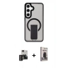 MARSİLYAN™- Galaxy S24 Kılıf Pusula Doku Koleksiyonu - Siyah Bilvis Hayalet Cam Ekran Koruyucu + PVD Metal Kamera Lens - DNMR