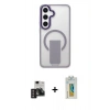 MARSİLYAN™- Galaxy S24 Kılıf Pusula Doku Koleksiyonu - Siyah Polymer Nano Ekran Koruyucu + Derin Mor PVD Metal Kamera Lens