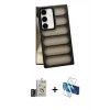 MARSİLYAN™- Galaxy S24 Kılıf Yadigar Doku Özel Seri - Siyah 3D Antistatik Cam Ekran Koruyucu + Derin Mor Bilvis Titan Kamera Lens