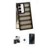 MARSİLYAN™- Galaxy S24 Kılıf Yadigar Doku Özel Seri - Siyah 3D Antistatik Hayalet Cam Ekran Koruyucu + PVD Metal Kamera Lens - DNMR