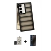 MARSİLYAN™- Galaxy S24 Kılıf Yadigar Doku Özel Seri - Siyah 3D Antistatik Hayalet Cam Ekran Koruyucu + Bilvis Titan Kamera Lens - TMGI