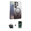 MARSİLYAN™- Galaxy S24 Ultra Kılıf Ahenk Doku Özel Seri - Siyah 360 Mat Full Body Arka Koruyucu + Kamera Lens Koruma Cam - SF