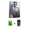 MARSİLYAN™- Galaxy S24 Ultra Kılıf Ahenk Doku Özel Seri - Siyah 360 Mat Full Body Arka Koruyucu + Raze Metal Kamera Lens - SH