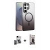 MARSİLYAN™- Galaxy S24 Ultra Kılıf Ahenk Doku Özel Seri - Siyah Bilvis Hayalet Cam Ekran Koruyucu + PVD Metal Kamera Lens - PE