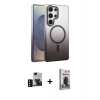 MARSİLYAN™- Galaxy S24 Ultra Kılıf Ahenk Doku Özel Seri - Siyah Bilvis Hayalet Cam Ekran Koruyucu + PVD Metal Kamera Lens - SH