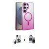 MARSİLYAN™- Galaxy S24 Ultra Kılıf Ahenk Doku Özel Seri - Siyah Vanessa Magic Hayalet Cam + Pembe PVD Metal Kamera Lens