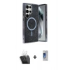 MARSİLYAN™- Galaxy S24 Ultra Kılıf Eksen Çizgi - Siyah Durable Full Glue Curved Cam + Kamera Lens Koruma Cam - SF
